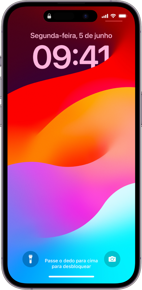 Tela Bloqueada do iPhone mostrando data e hora na parte superior e ícones de Lanterna e Câmera na parte inferior.