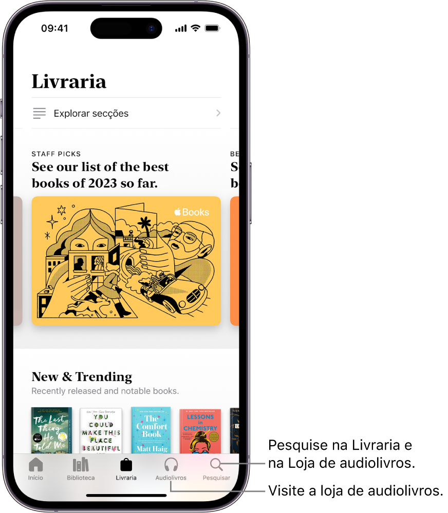 O ecrã “Livraria” na aplicação Livros. Na parte inferior do ecrã encontram‑se os seguintes separadores, da esquerda para a direita: Início, Biblioteca, Livraria, Audiolivros e Pesquisa. O separador “Livraria” está selecionado.