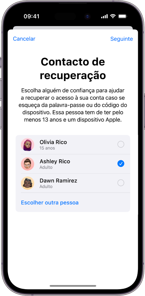 O ecrã “Adicionar contacto de recuperação”.