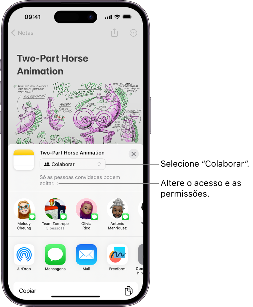 Um convite de colaboração para um desenho na aplicação Notas, a mostrar “Colaborar” para a opção de partilha e “Só as pessoas convidadas por si podem editar” como a definição de acesso e permissão. Quatro destinatários possíveis, incluindo um grupo, formam uma linha por baixo. A linha inferior oferece formas diferentes de partilhar a nota: AirDrop, Messages, Mail e Freeform.