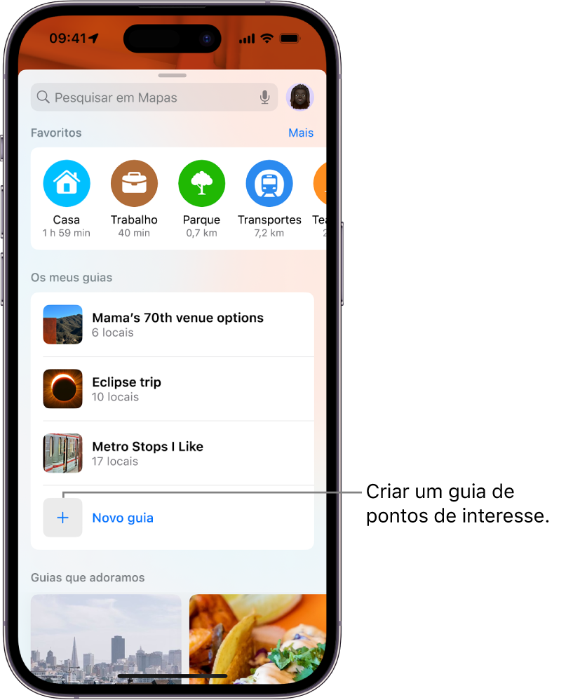 Uma ficha de pesquisa na aplicação Mapas com vários guias listados sob “Os meus guias” e o botão Novo guia na parte inferior.