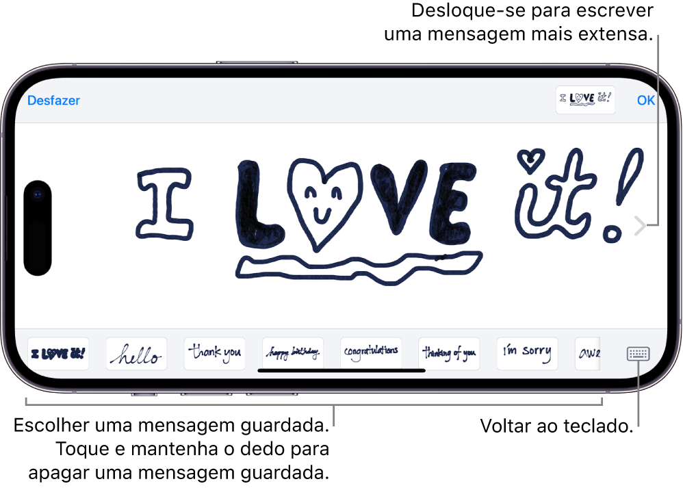 A tela para compor uma mensagem manuscrita. Na parte inferior do ecrã, da esquerda para a direita, estão elementos manuscritos guardados e o botão Teclado.