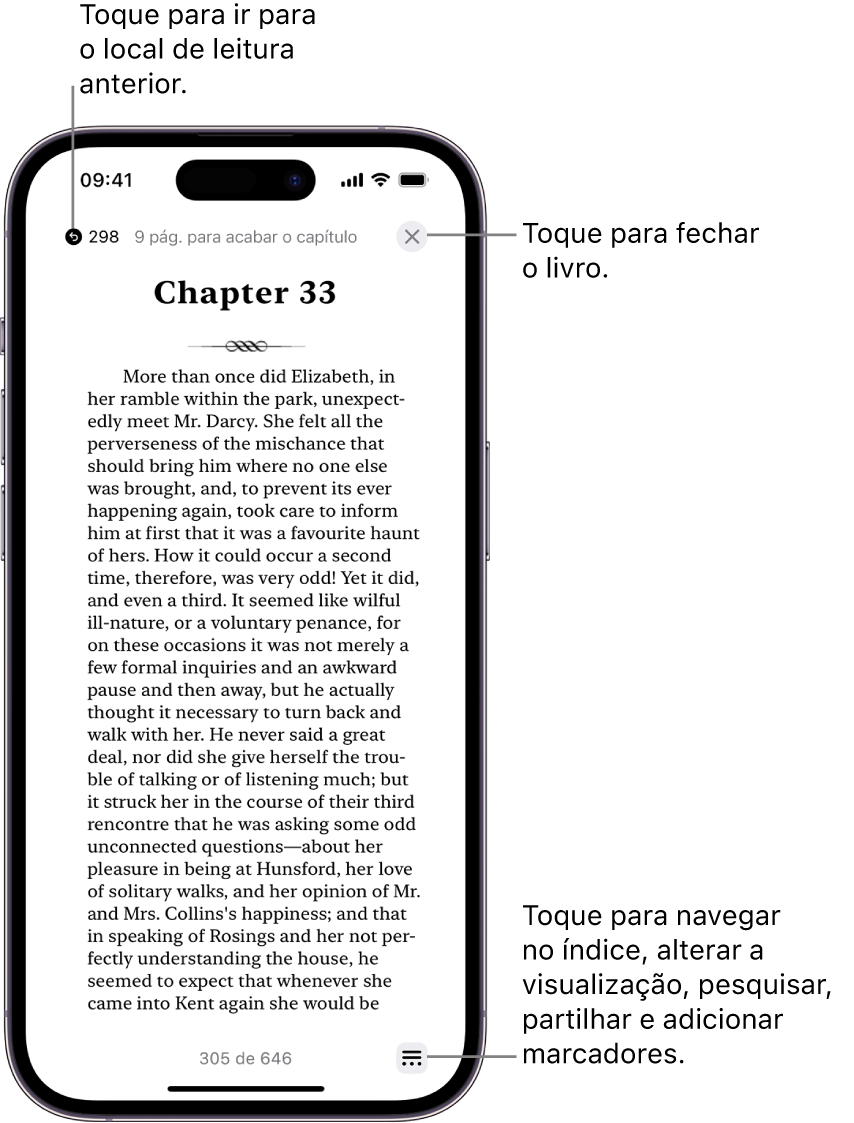 Uma página de um livro na aplicação Livros. Na parte superior do ecrã encontram‑se os botões para voltar à página em que iniciou a leitura e para fechar o livro. Na parte inferior direita do ecrã encontra‑se o botão Menu.