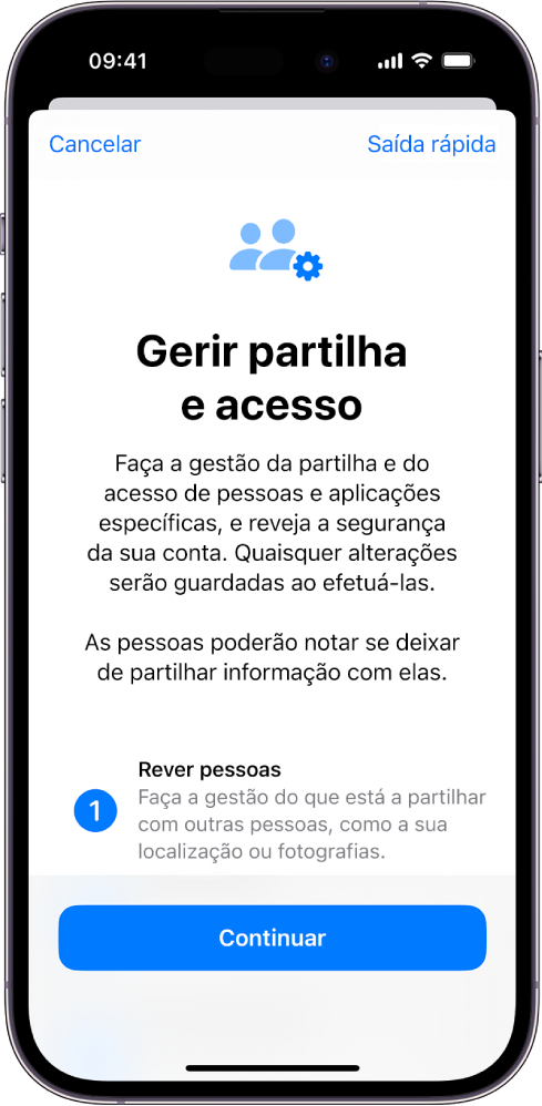 O ecrã “Gerir partilha e acesso” com informação acerca de como a funcionalidade funciona. O botão Continuar encontra-se na parte inferior.