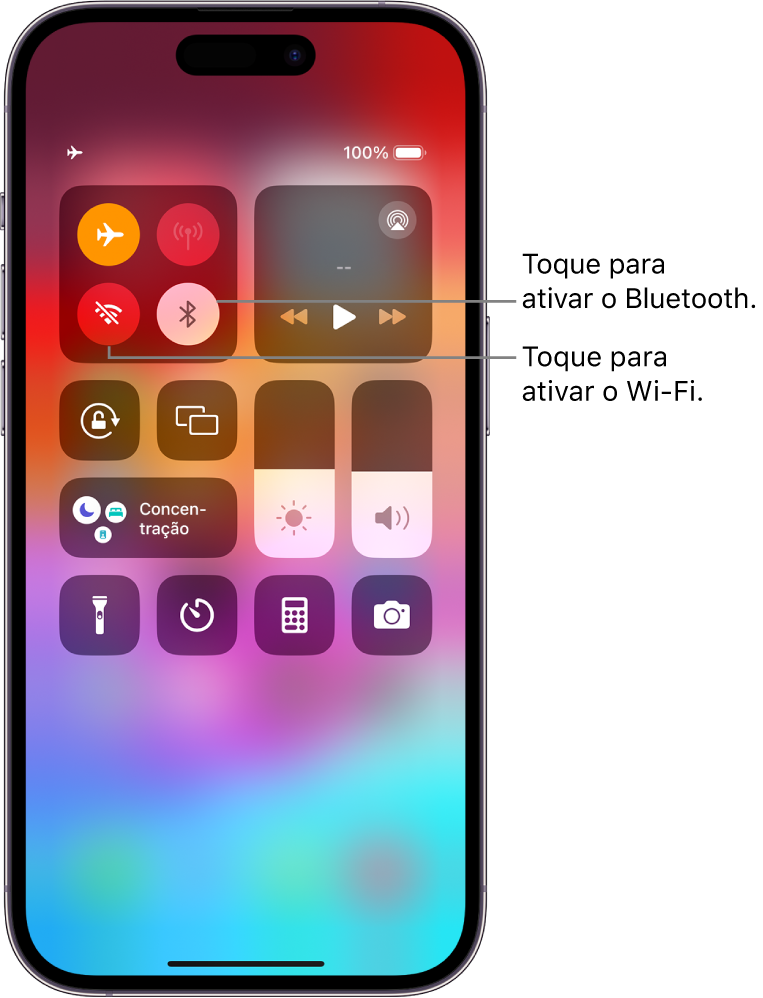 Central de controlo com o modo de voo ativado, a mostrar que Wi‑Fi e Bluetooth estão desativados. Os botões para ativar o Wi-Fi e Bluetooth estão junto ao canto superior esquerdo da central de controlo.