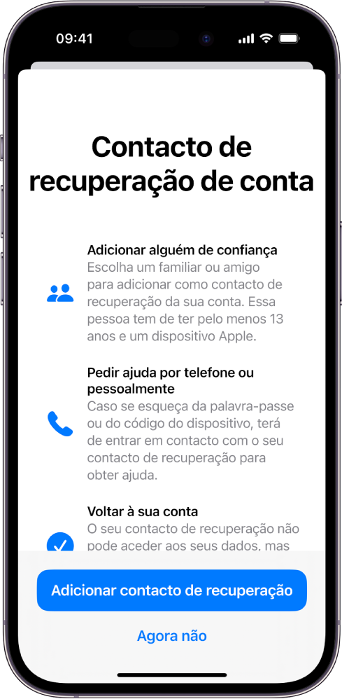 O ecrã “Contacto de recuperação de conta” com informação acerca da funcionalidade. O botão Adicionar contacto de segurança está na parte inferior.