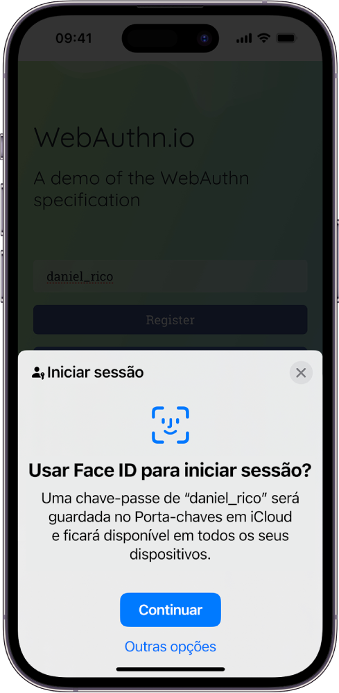 Um ecrã de início de sessão que surge quando uma chave-passe é guardada para a conta. Na parte inferior do ecrã estão os botões Continuar e Outras opções.