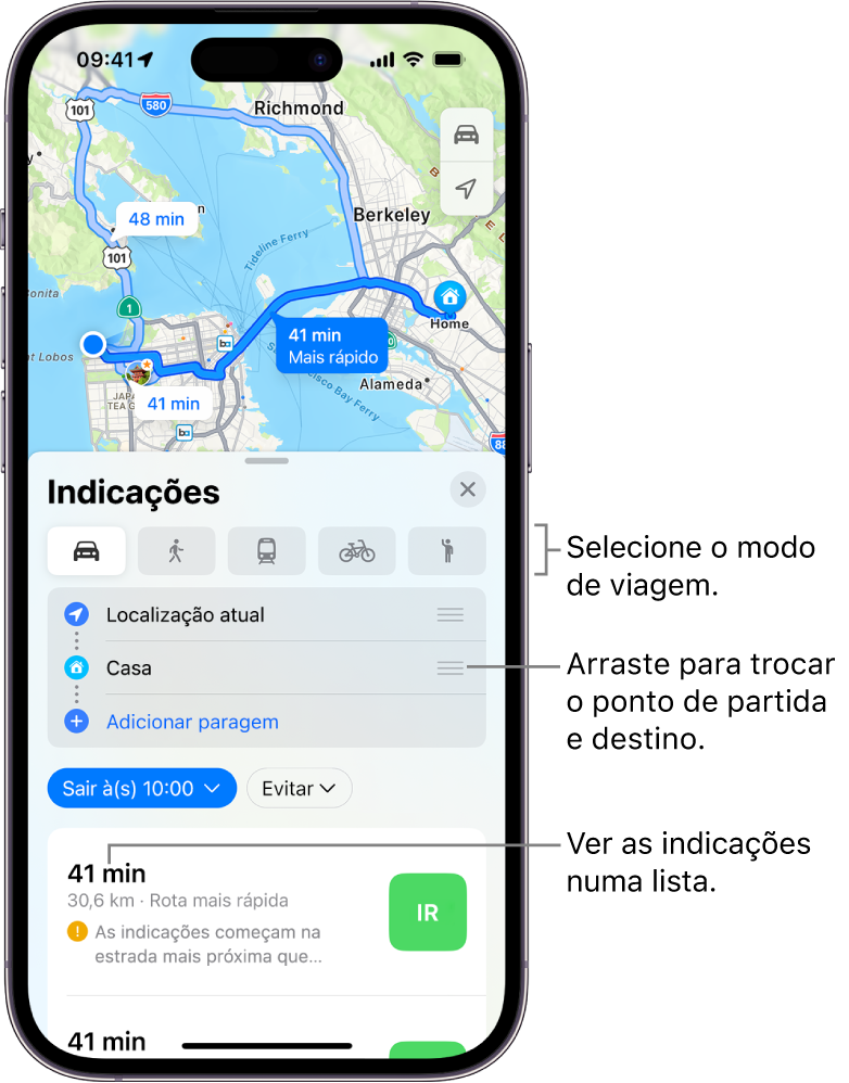 Um mapa mostra vários itinerários de carro entre dois locais, com opções para selecionar outros modos de viagem, alternar entre o ponto de partida e de destino e ver indicações numa lista.