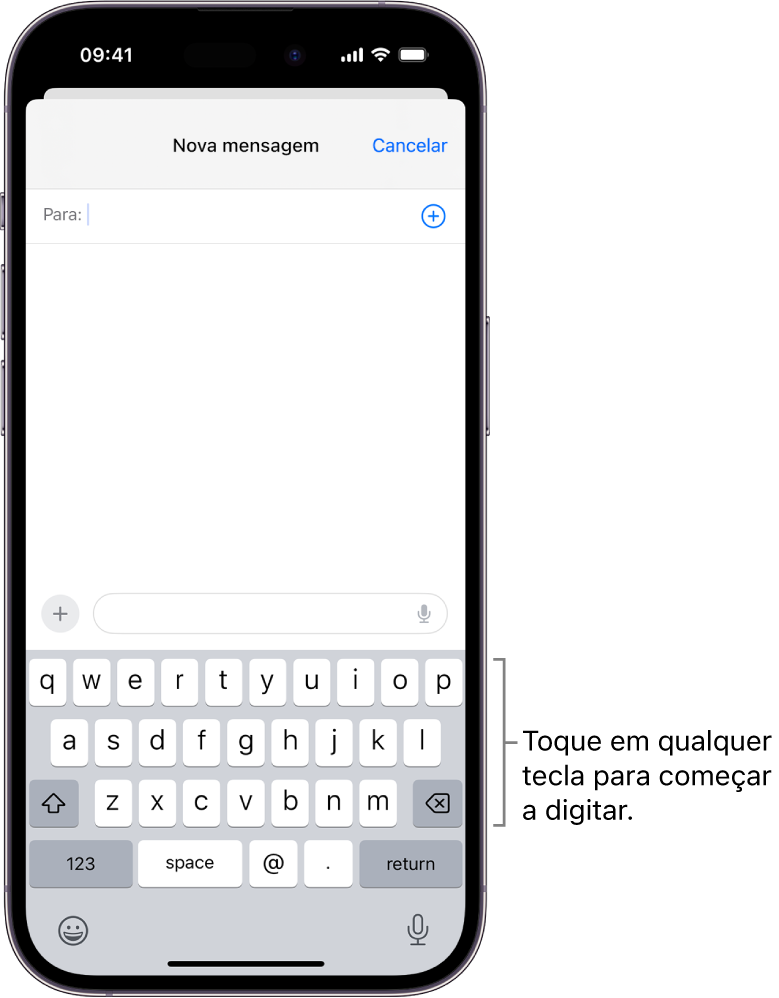 É aberto um e-mail em branco na aplicação Mail. O teclado no ecrã encontra-se na metade inferior do ecrã.