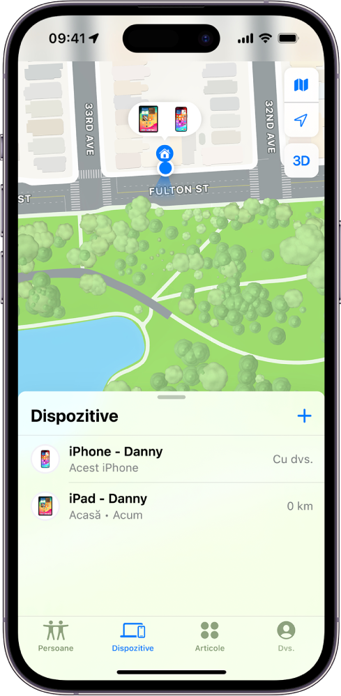 Ecranul Găsire afișând două dispozitive aflate la domiciliu.