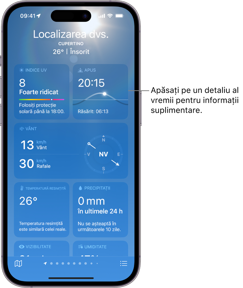 Ecranul aplicației Vremea afișând localizarea în partea de sus, precum și temperatura curentă și condiția meteo. Restul ecranului conține detalii meteo pentru următoarele elemente: calitatea aerului, precipitații, indice UV și apus.