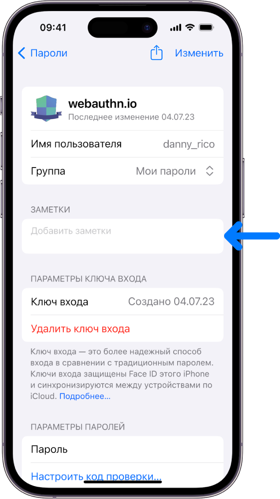 Экран ключа входа в связке ключей iCloud. Указана информация о ключе входа, и отображается место для добавления и просмотра заметок.