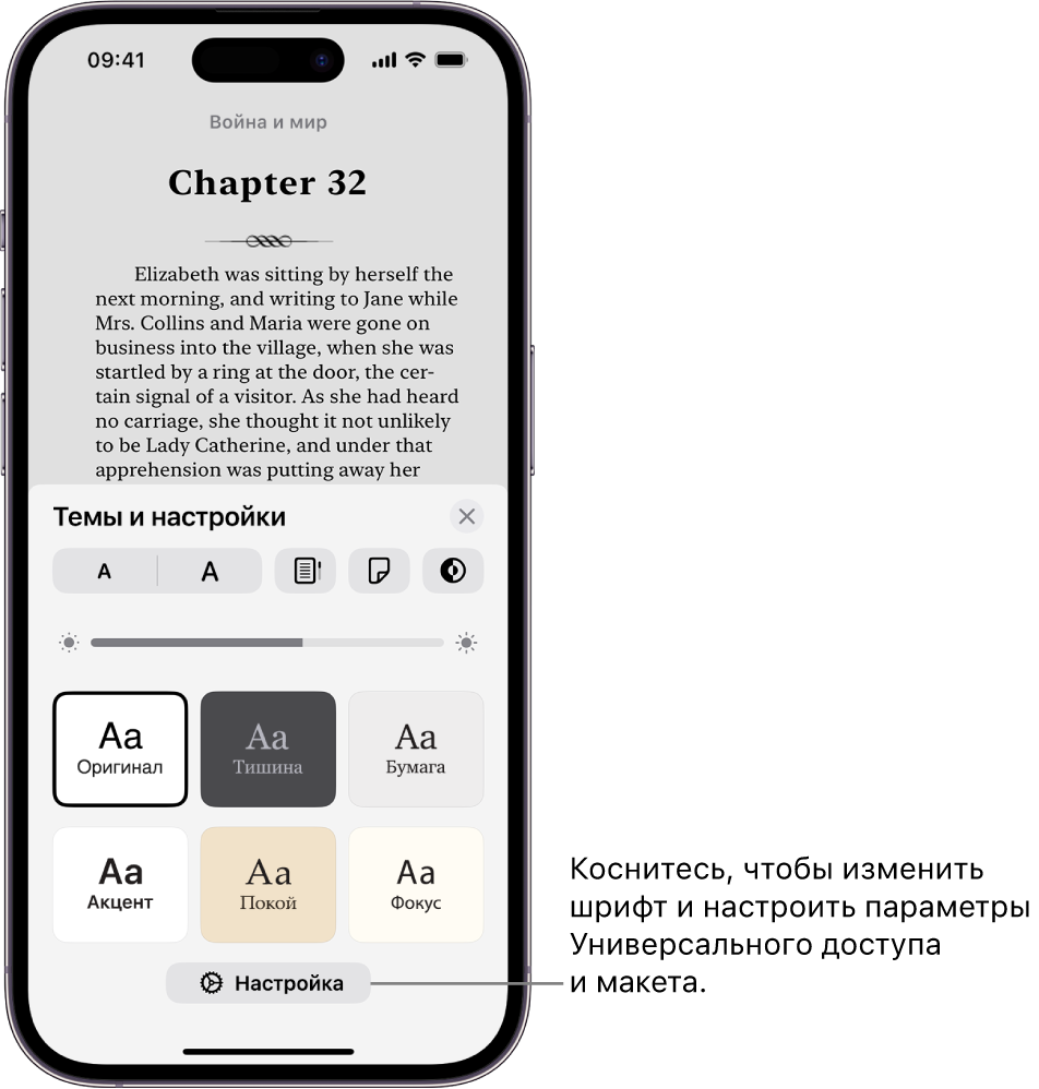 Страница книги в приложении «Книги». В параметрах «Темы и настройки» показаны элементы управления размером шрифта, прокруткой, стилем перелистывания страниц, яркостью и стилями шрифта.