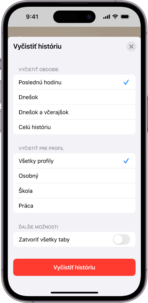 Menu Vyčistiť históriu. V časti Vyčistiť obdobie je vybraná možnosť Poslednú hodinu. V časti Vyčistiť pre profil je vybraná možnosť Všetky profily. V dolnej časti obrazovky je tlačidlo Vymazať históriu.