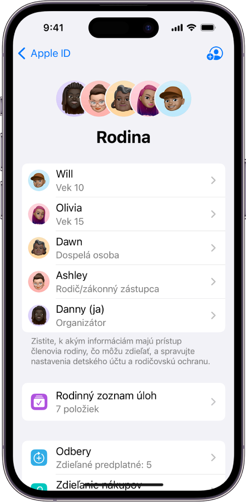 Obrazovka Rodinné zdieľanie v Nastaveniach. Zobrazujú sa piati členovia rodiny a štyri odbery zdieľané v rámci rodiny.