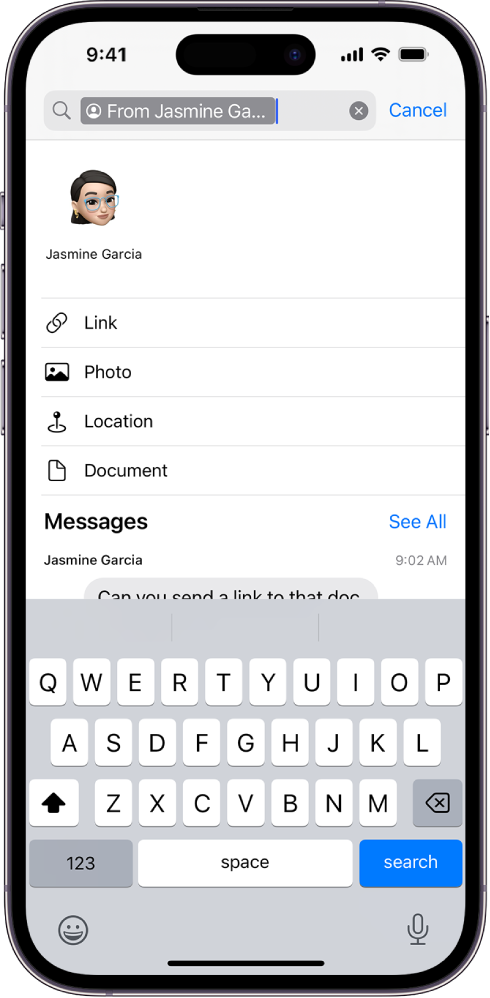 Iskalno polje v aplikaciji Messages. Iskalno polje vsebuje oznako, ki omejuje iskanje na sporočila od ene osebe. Druge oznake, ki jih želite dodati v iskalno polje – Link, Photo, Location in Document – so prikazane kot možnosti.
