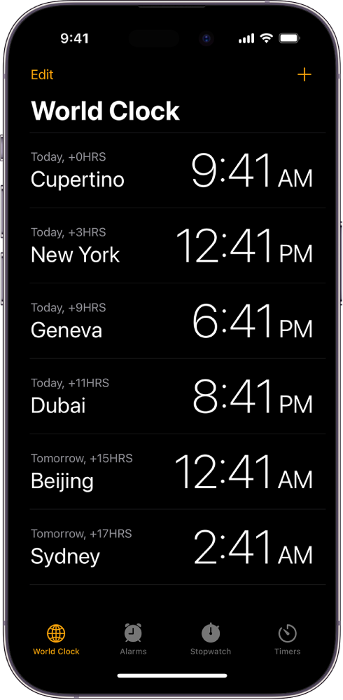 Na zavihku World Clock je prikazan čas v različnih mestih. Z gumbom Edit v zgornjem levem kotu lahko preuredite ali izbrišete ure. Z gumbom Add v zgornjem desnem kotu lahko dodate več ur. Gumbi World Clock, Alarm, Stopwatch in Timers so razporejeni na dnu zaslona.