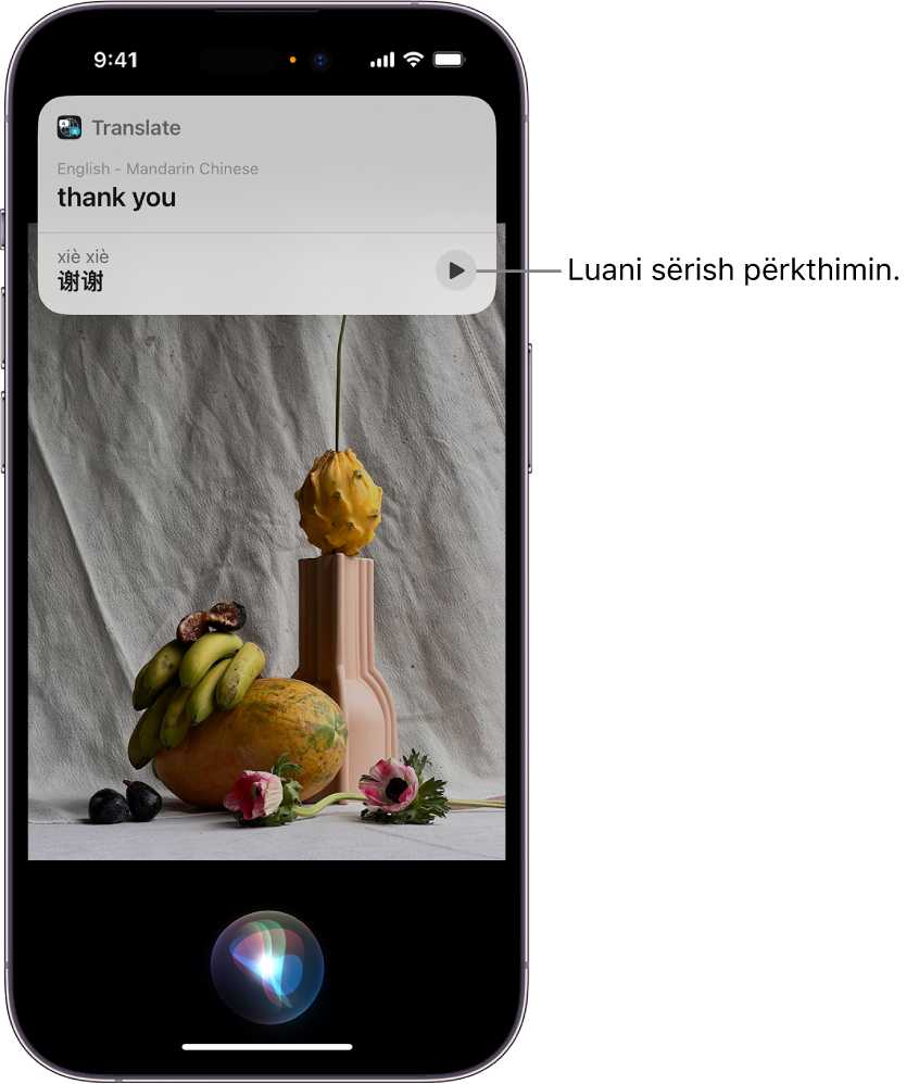 Një ekran i iPhone me, në fund, treguesin e dëgjimit të Siri dhe, në krye, një përgjigje nga Siri në formën e një përkthimi [nga anglisht në kinezishte mandarine].