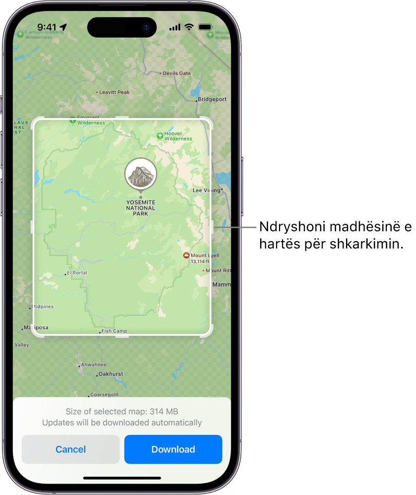 Një hartë e një parku kombëtar. Parku është i inkuadruar nga një drejtkëndësh me doreza, të cilat mund të lëvizen për të ndryshuar madhësinë e hartës për t'u shkarkuar. Madhësia e shkarkimit të hartës së zgjedhur tregohet afër fundit të hartës. Butonat Cancel dhe Download janë në fund të ekranit.