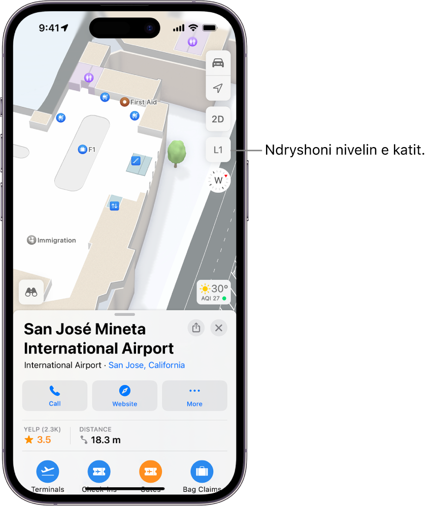 Një hartë e brendshme e një terminali aeroporti. Veçoritë përfshijnë një pikë kontrolli për imigracionin, shkallët, banjat dhe ndihmën e parë. Mund të ndryshoni nivelet e hartave shumëkatëshe duke përdorur butonin e shënuar L1 (për Level 1).