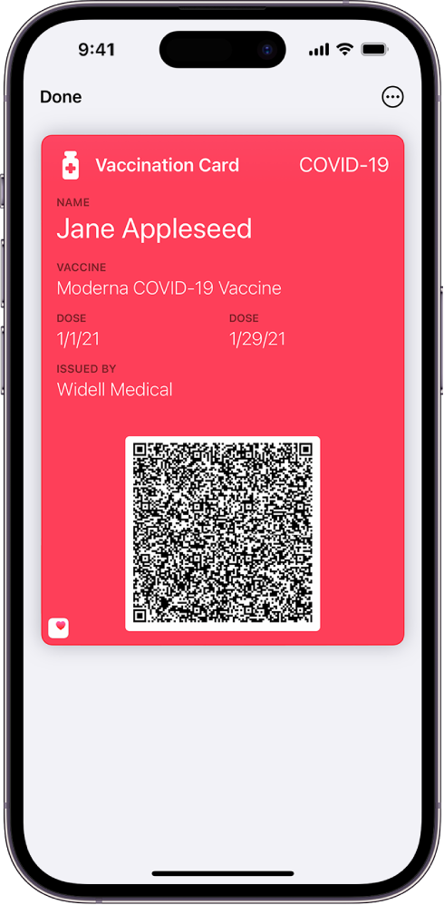 Një kartë vaksinimi në aplikacionin Wallet.