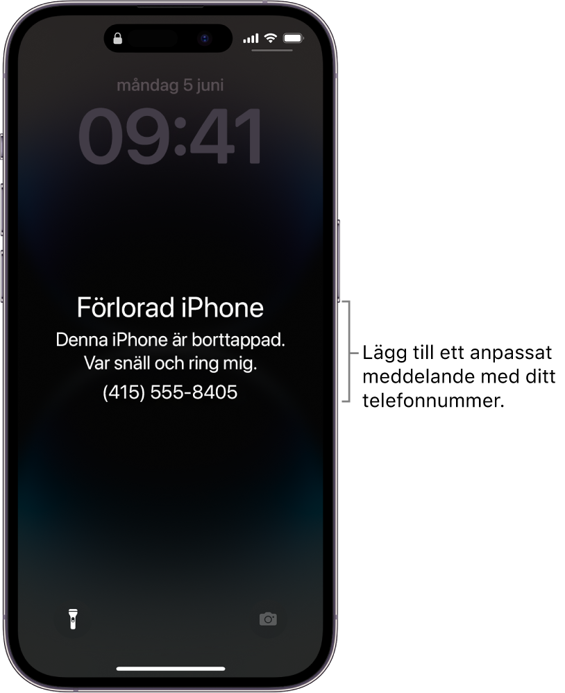 En låsskärm på iPhone med ett meddelande om en borttappad iPhone. Du kan lägga till ett eget meddelande med ditt telefonnummer.