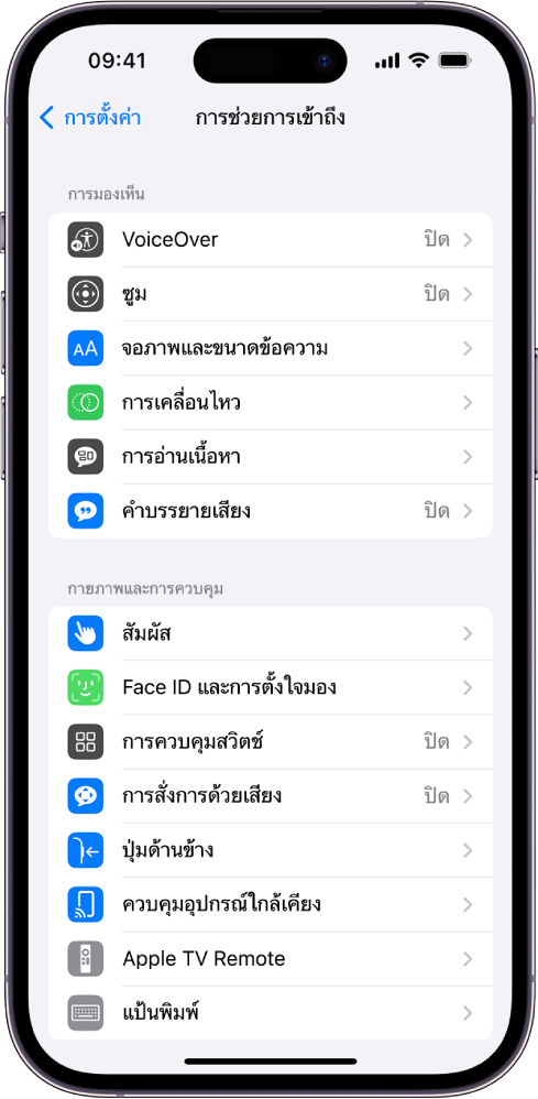 หน้าจอการช่วยการเข้าถึงในการตั้งค่าที่แสดงคุณสมบัติในตัวจากด้านบนสุดถึงด้านล่างสุด ดังต่อไปนี้: คุณสมบัติการมองเห็น ซึ่งรวมถึง VoiceOver, ซูม, จอภาพและขนาดข้อความ, การเคลื่อนไหว, การอ่านเนื้อหา, คำบรรยายเสียง และคุณสมบัติทางร่างกายและการเคลื่อนไหว ซึ่งรวมถึง Touch ID และ Face ID และการตั้งใจมอง