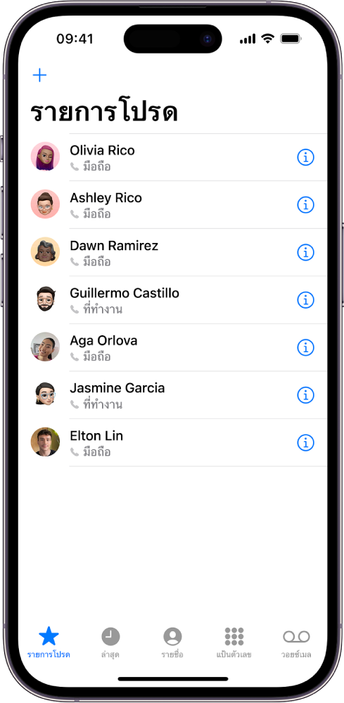 หน้าจอรายการโปรดในแอปรายชื่อที่มีผู้ติดต่อหกคนแสดงอยู่เป็นรายการโปรด