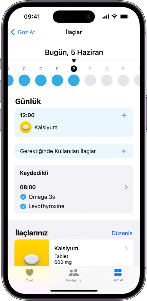 Sağlık’taki İlaçlar ekranı, ilaçlar için tarih ve günlük gösteriyor.