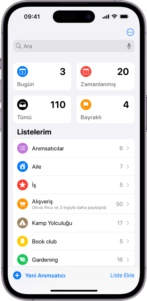 Anımsatıcılar’da birçok listenin gösterildiği bir ekran. Arama alanı; bugün tarihli öğeler, planlanmış anımsatıcılar, tüm anımsatıcılar ve bayraklı anımsatıcılar için olan akıllı listelerin yukarısında en üstte görünüyor. Liste ekle düğmesi sağ alttadır.