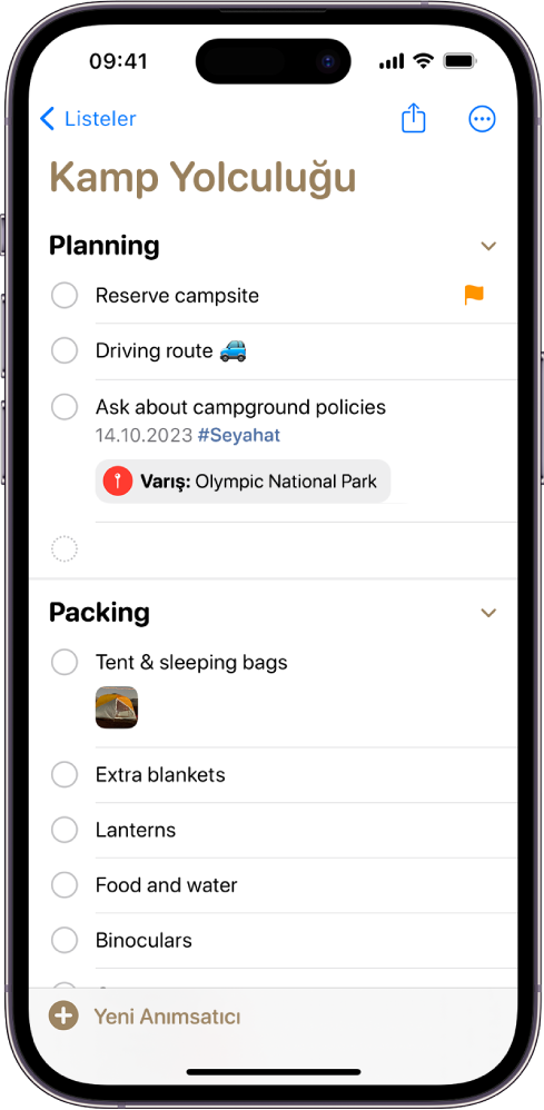 Anımsatıcılar’da bir kamp gezisi için yapılacaklar listesi. Bazı öğelerde etiketler, konumlar, bayraklar ve fotoğraflar var. Yeni Anımsatıcı düğmesi sol altta.
