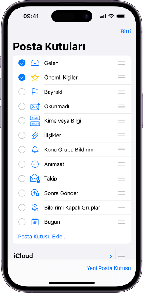 Posta Kutuları düzenleme ekranı. İsteğe bağlı posta kutuları yukarıdan aşağıya, her bir seçeneğin solunda bir onay kutusu ile listeleniyor. Ekranın sağ alt köşesinde Yeni Posta Kutusu etiketli bir düğme var.