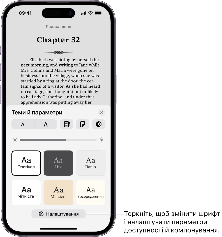 Сторінка книги в програмі «Книги». Опції меню «Теми й параметри» з елементами керування для розміру шрифту, прокручування, способу гортання сторінок, яскравості та стилів шрифту.