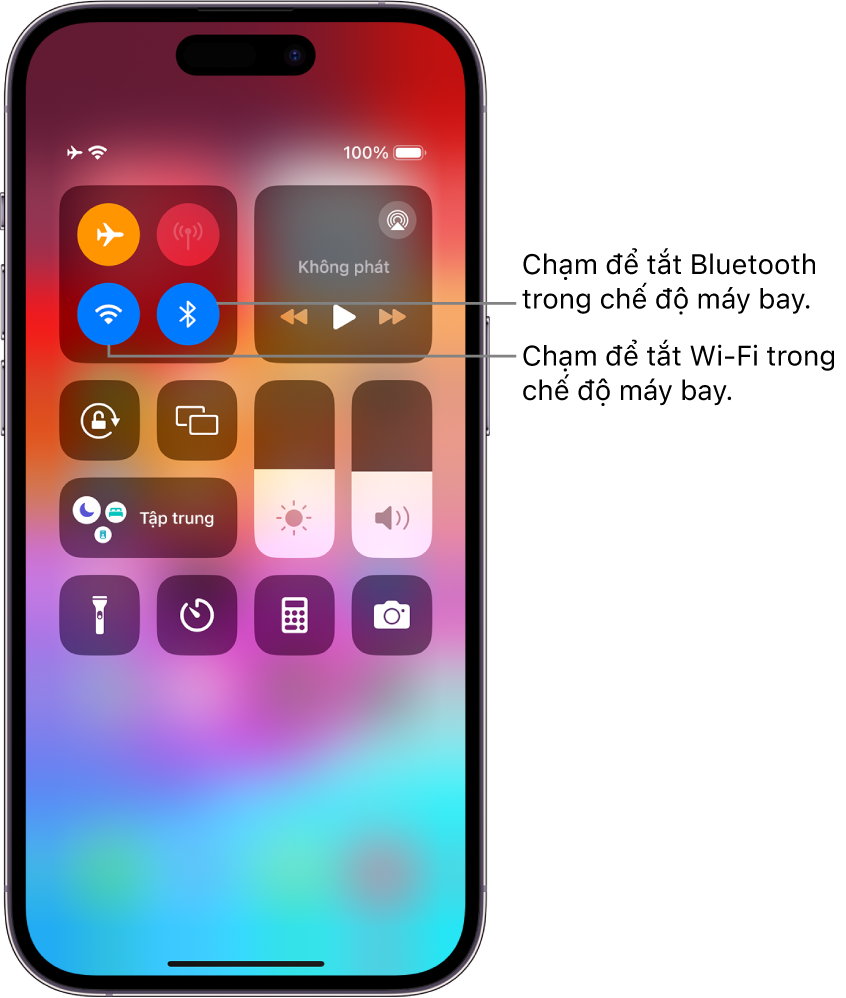 Trung tâm điều khiển của iPhone. Trong nhóm các điều khiển ở trên cùng bên trái là nút Chế độ máy bay (trên cùng bên trái), nút Wi-Fi (dưới cùng bên trái) và nút Bluetooth (dưới cùng bên phải). Chế độ máy bay, Wi-Fi và Bluetooth đều được bật. Chạm vào nút Bluetooth để tắt Bluetooth trong Chế độ máy bay. Chạm vào nút Wi-Fi để tắt Wi-Fi trong chế độ máy bay.