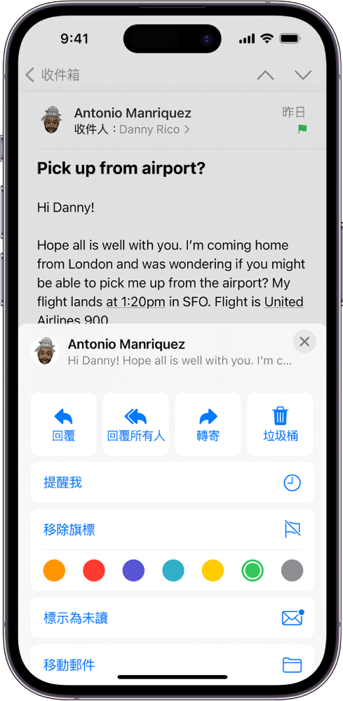 電郵在畫面下半部份顯示回覆選項，其中包括「移除旗標」按鈕和旗標顏色選項。