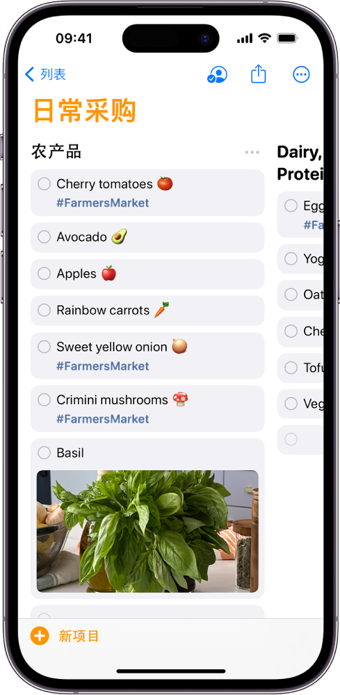 “提醒事项” App 中的日常采购清单。列表被划分成垂直栏。