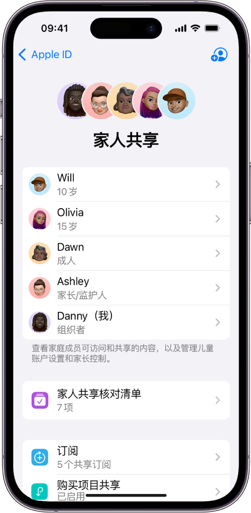 “设置”中的“家人共享”屏幕。列出了五名家庭成员，并且有 4 项订阅已与家人共享。