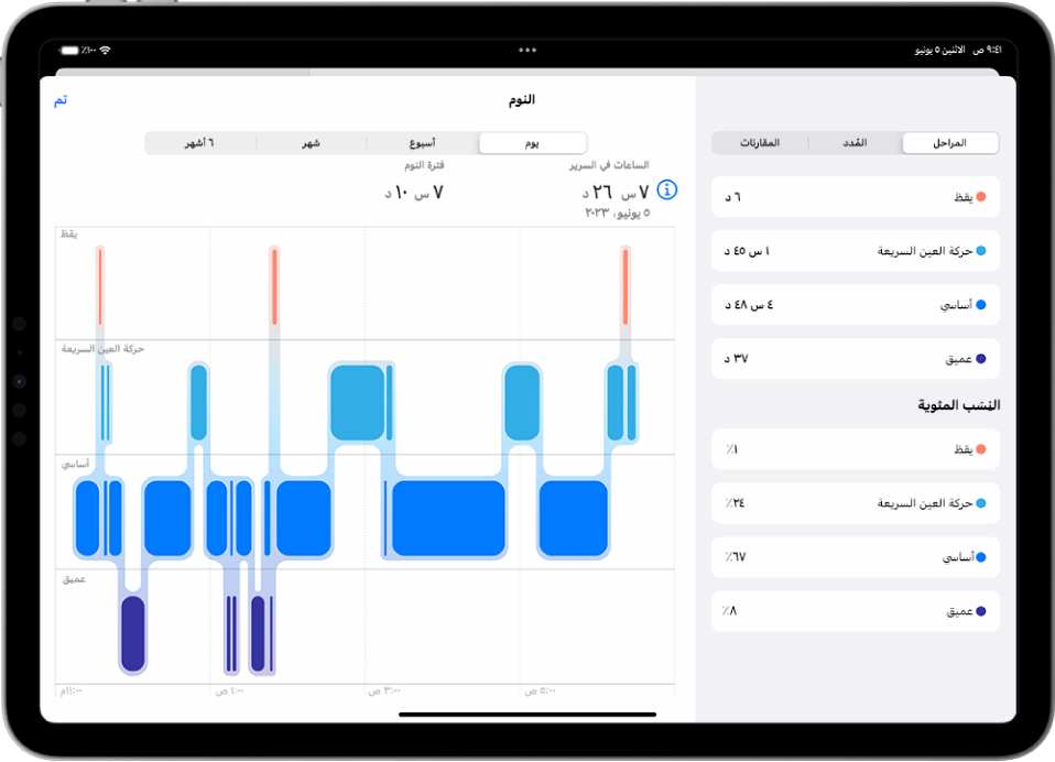 شاشة النوم في تطبيق صحتي تعرض الوقت المقدر الذي يقضيه الشخص مستيقظًا وفي نوم حركة العين السريعة والنوم الأساسي والنوم العميق.