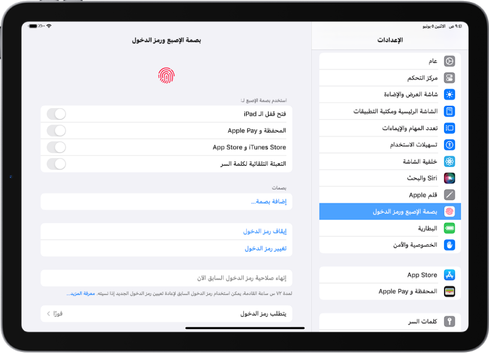 الشريط الجانبي للإعدادات على الجانب الأيمن من الشاشة، مع تحديد بصمة الإصبع ورمز الدخول. على الجانب الأيسر من الشاشة تظهر خيارات لاختيار الميزات التي يمكن إلغاء قفلها باستخدام بصمة الإصبع. تم إيقاف فتح قفل الـ iPad والمحفظة و Apple Pay و iTunes و App Store والتعبئة التلقائية لكلمة السر.