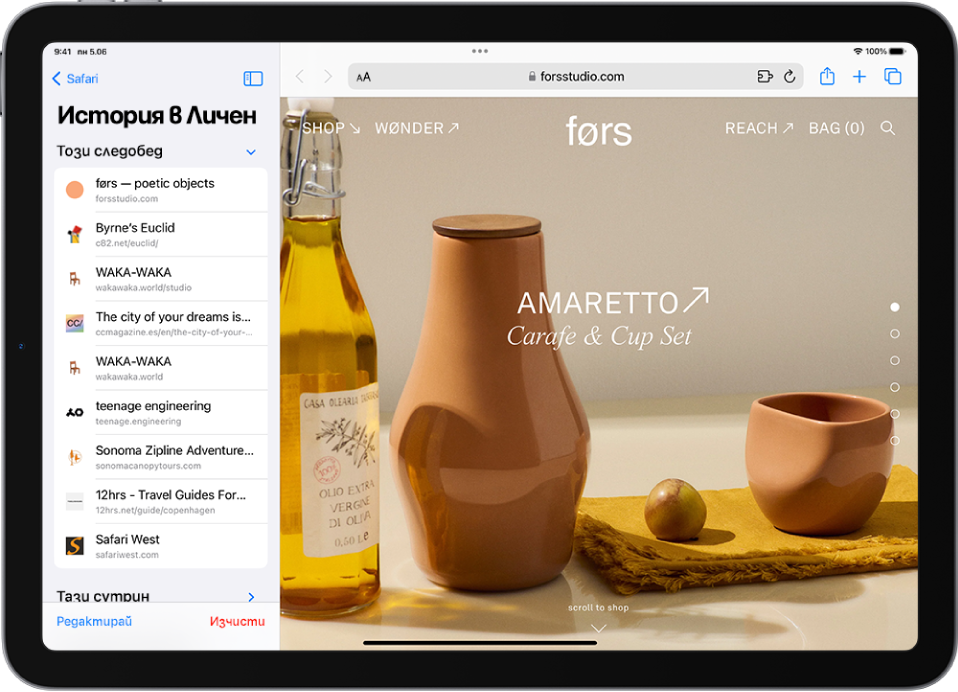 Отворена уеб страница. Историята на браузването в Safari е отворена вляво на екрана и показва списък с наскоро посетени уеб сайтове, под нея има бутон Изчисти.