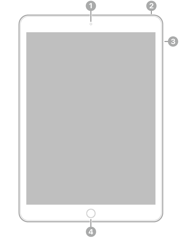 Anvers de l’iPad amb crides a la càmera frontal a la part superior central, al botó superior a la part superior dreta, als botons de volum a la dreta i al botó d’inici/Touch ID a la part inferior central.