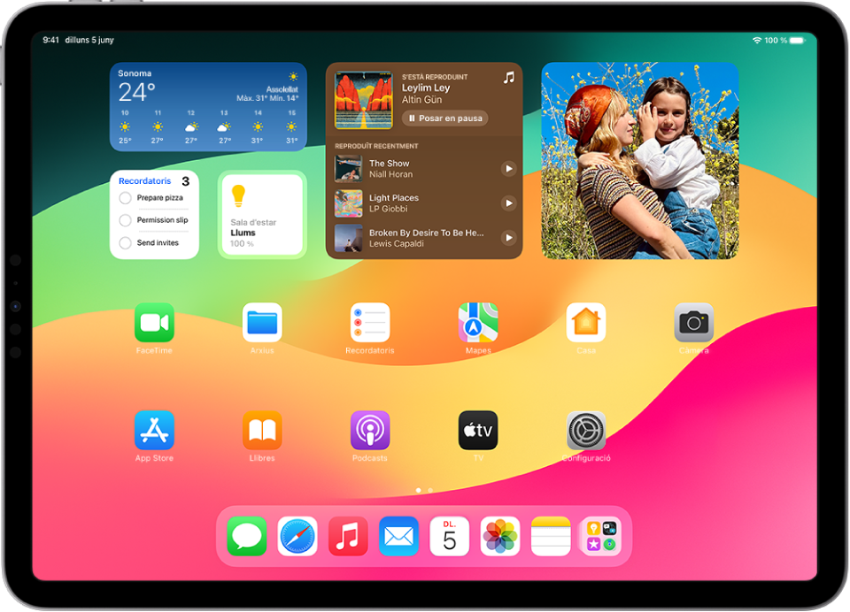 Pantalla d’inici de l’iPad amb diverses icones d’apps, inclosa la de l’app Configuració, que pots tocar per canviar el volum del so, la brillantor de pantalla i molts paràmetres més de l’iPad.