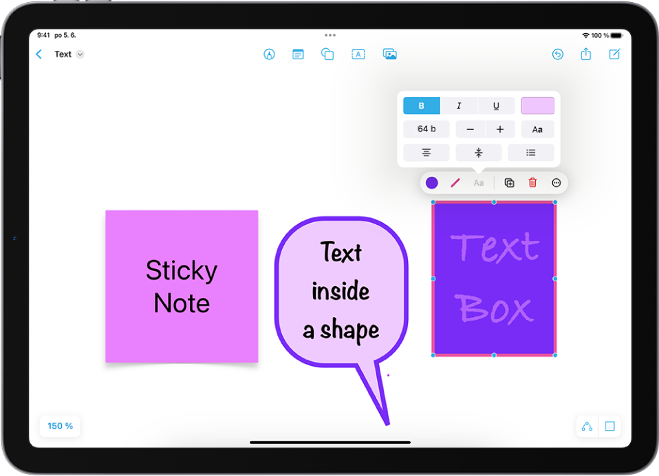 Na tabuli aplikace Freeform je vidět vybraný textový rámeček a nad ním nástroje pro formátování textu