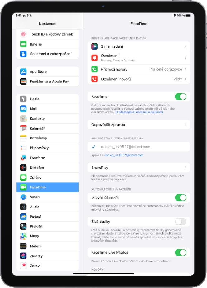 Obrazovka nastavení FaceTimu s přepínačem, kterým lze FaceTime zapnout nebo vypnout, a s polem, do kterého zadáváte své Apple ID pro FaceTime