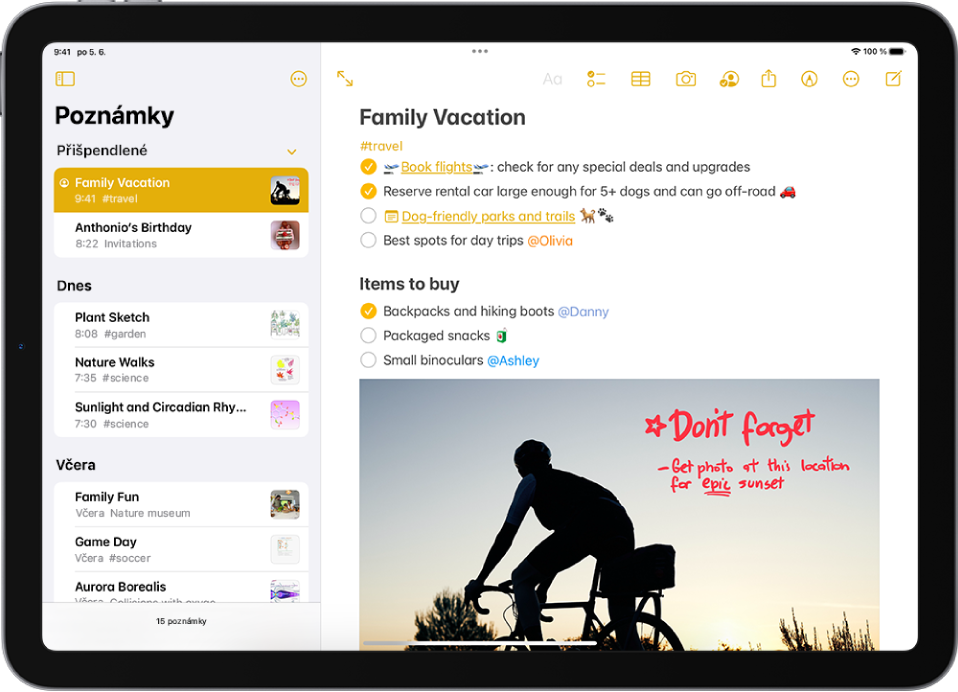 V poznámce se zobrazuje seznam úkolů pro rodinnou dovolenou se značkou #cestování.