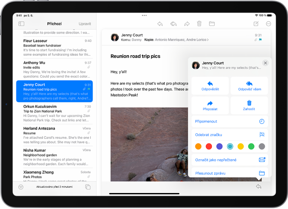 Otevřený e‑mail. Na pravé straně se zobrazuje nabídka s volbami pro přidání a odstranění značky.