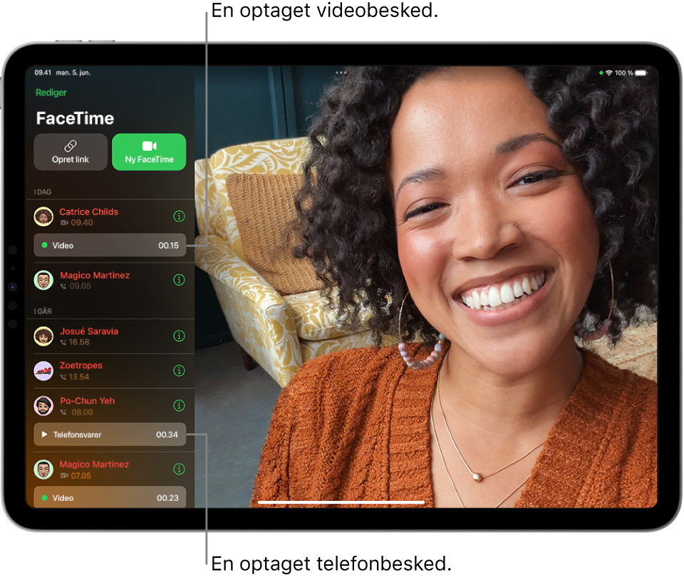 Opkaldshistorikken, der viser links til en optaget videobesked og en indtalt telefonbesked.