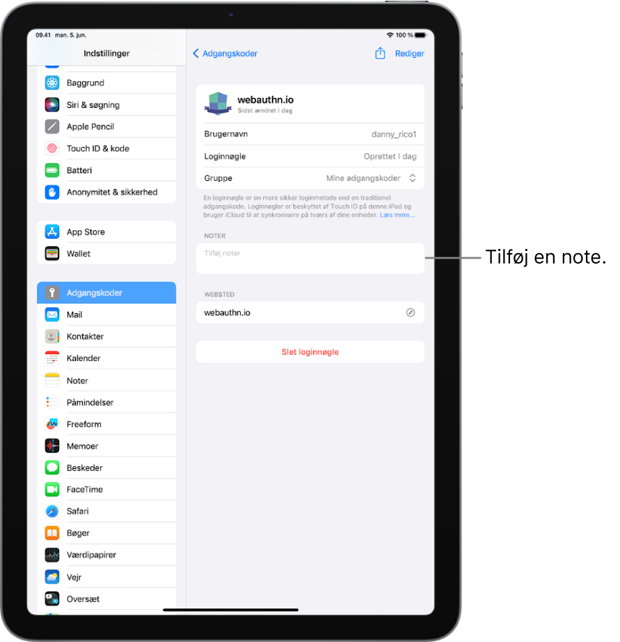 Adgangskodeindstillinger med oplysninger om en loginnøgle og et felt til indtastning af en note.