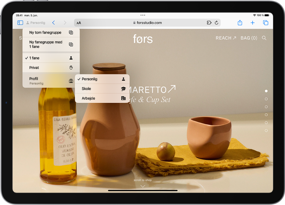 I Safari er menuen Fanegruppe til højre for søgefeltet åben. Nederst i menuen er Profil valgt, og en menu viser profilerne Personlig, Skole og Arbejde.