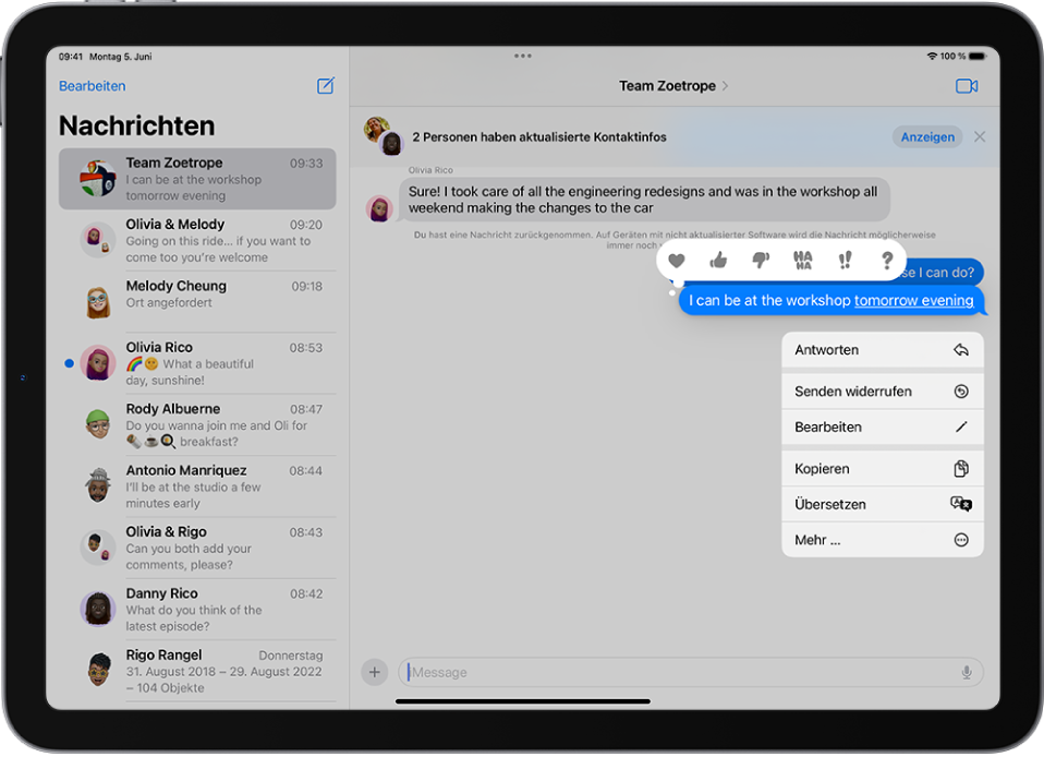 Eine Konversation in der App „Nachrichten“. „Senden widerrufen“ und das Menü für Bearbeiten sind sichtbar. Der Rest der Konversation wird grau dargestellt, mit Ausnahme des ausgewählten Textteils.